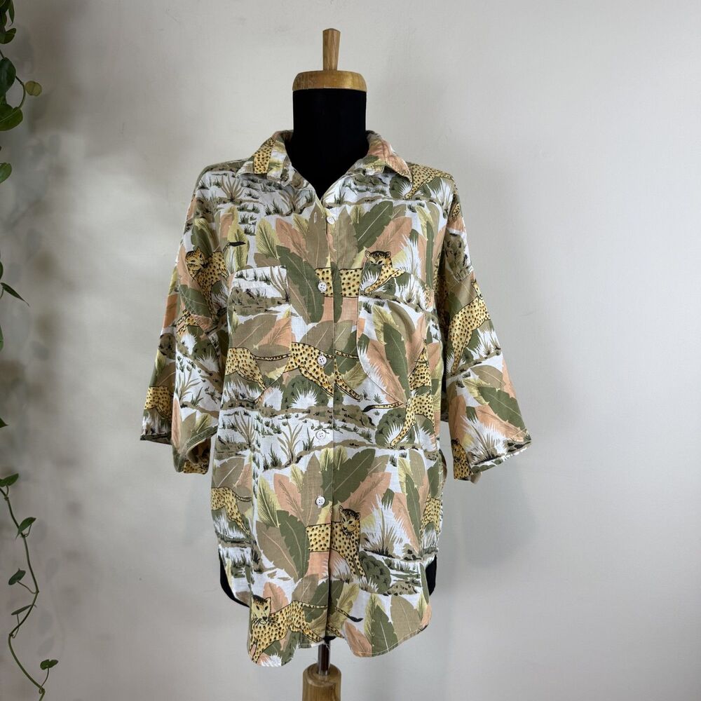 Vintage 90s Cheetah Leopard Safari Button Back Cotton Shirt | Andrew Sport